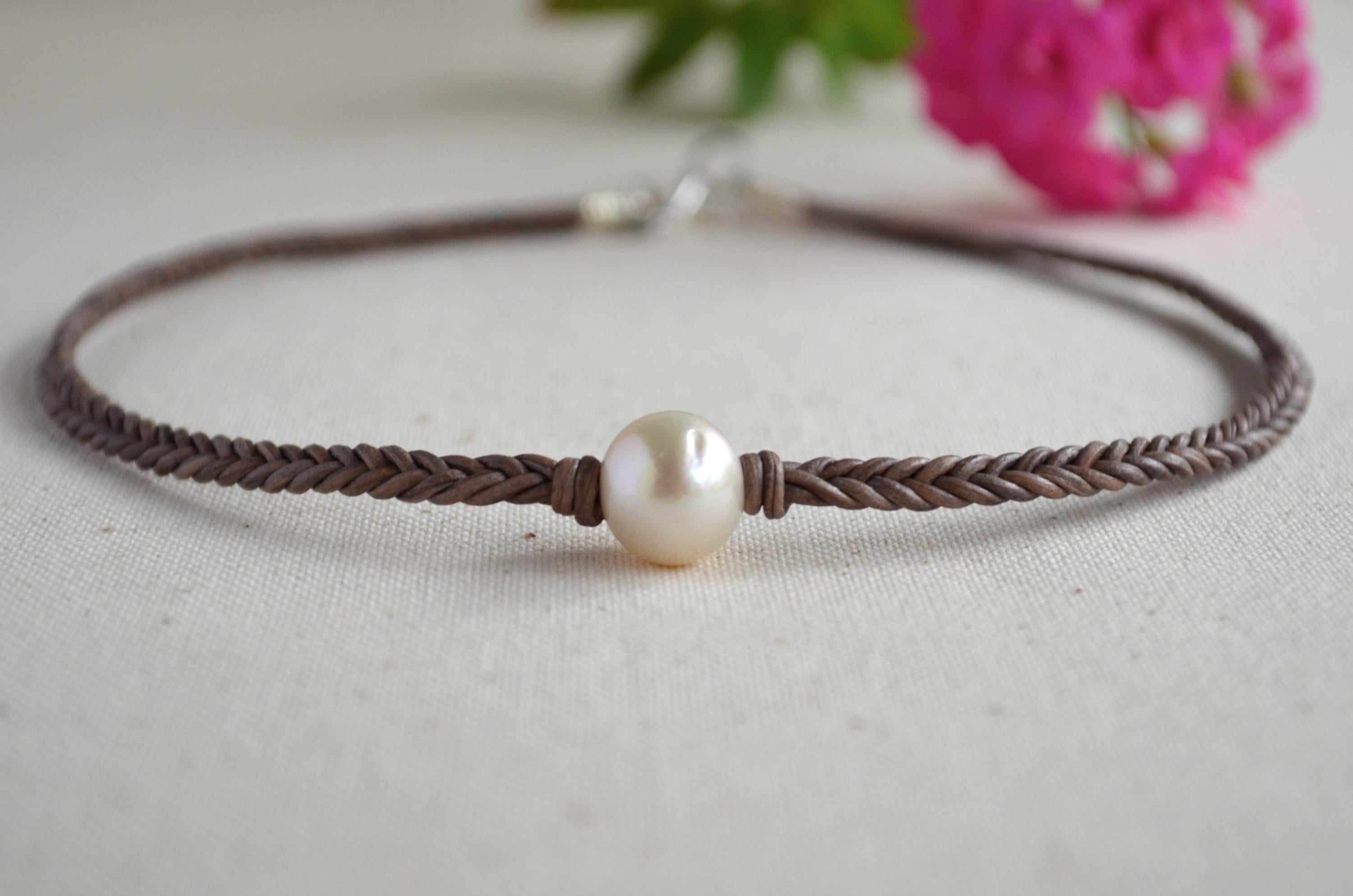 White Edison Pearl Necklace on Braided Leather | 12–13 mm Large Pearl
