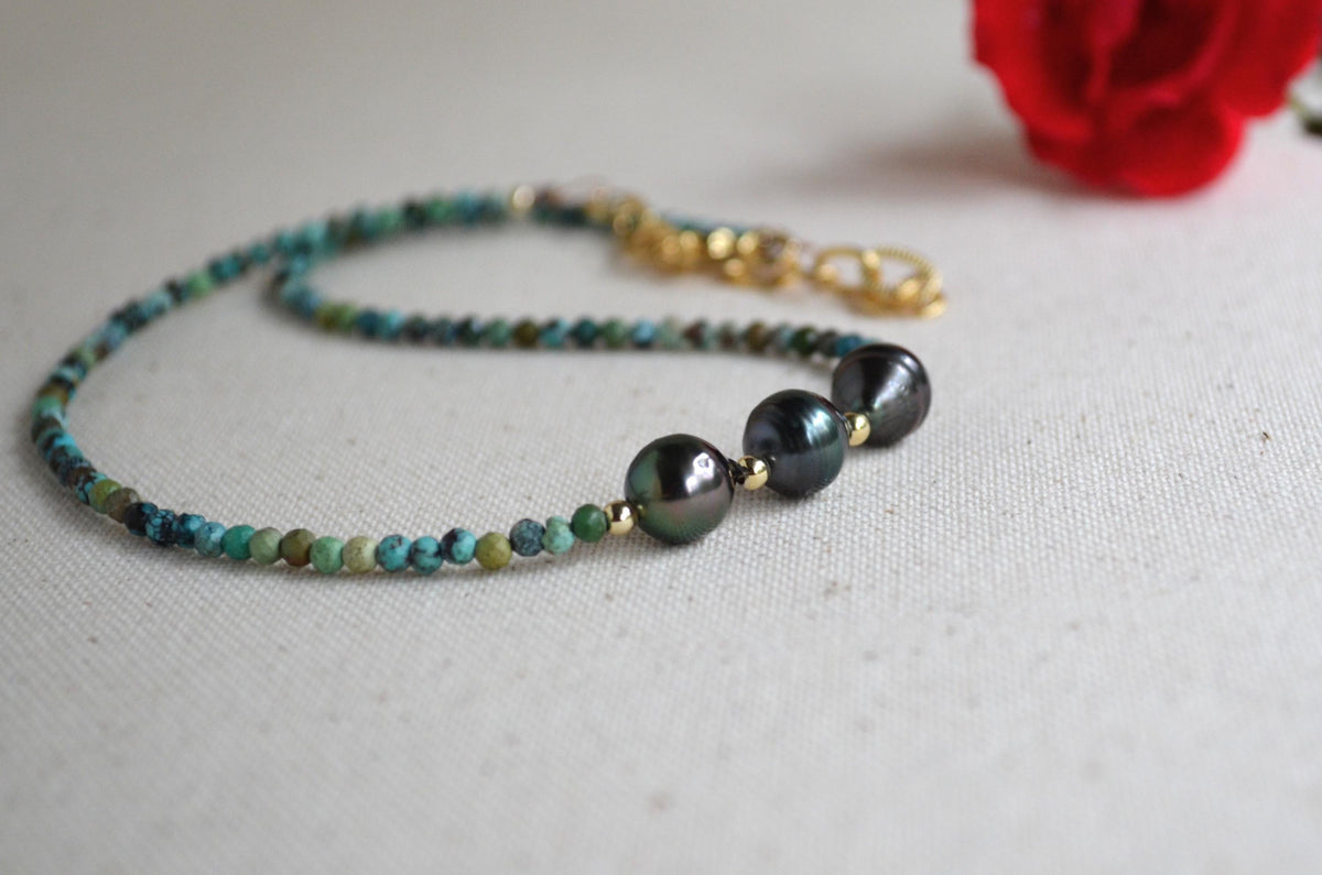 Three Tahitian Pearl Necklace, Turquoise Beaded Short Necklace, Minimal Gold Filled Necklace, Elegant Everyday Jewelry