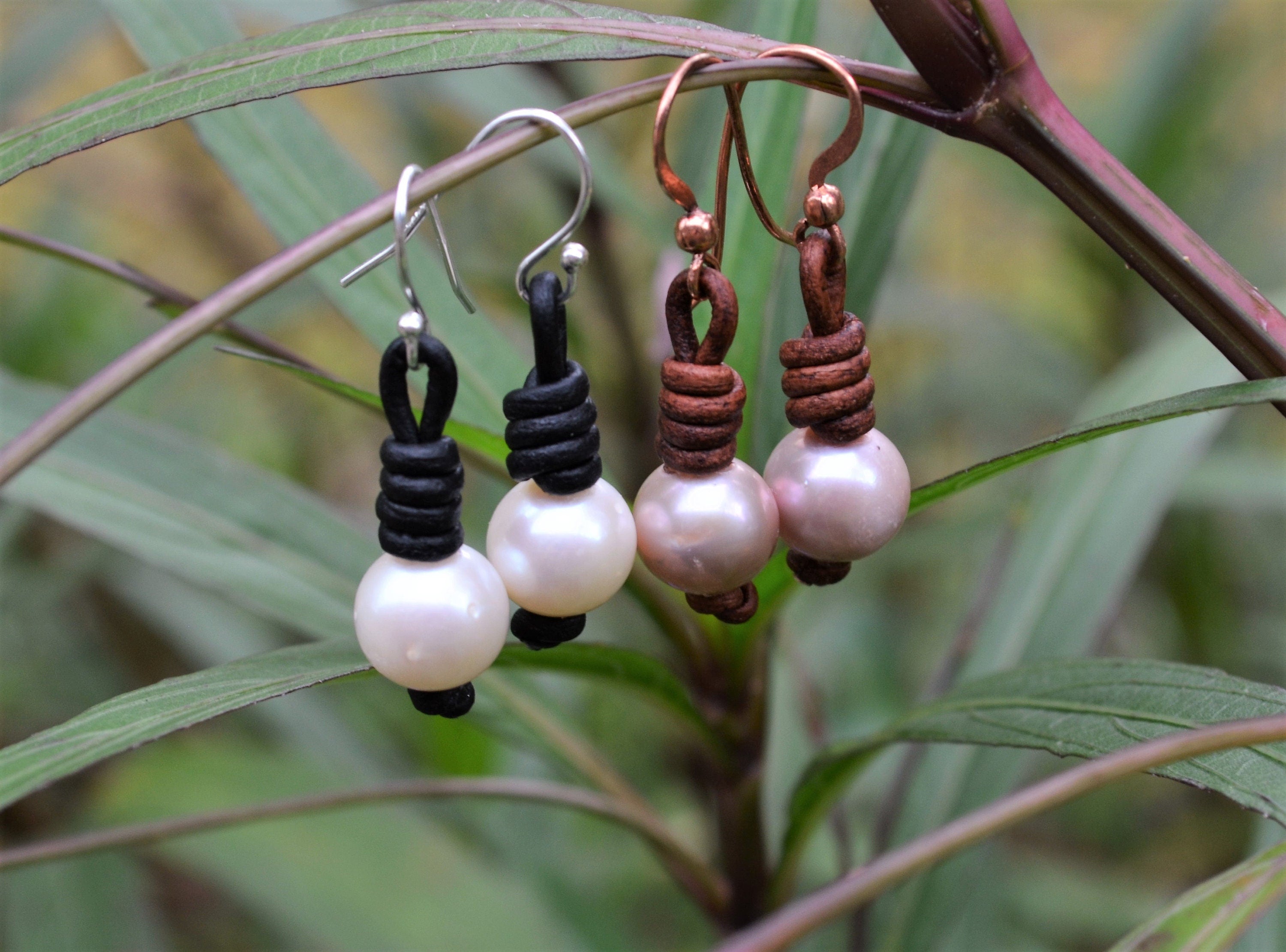 Pearl Leather Earrings: Freshwater Pearls, Boho Dangle Earrings