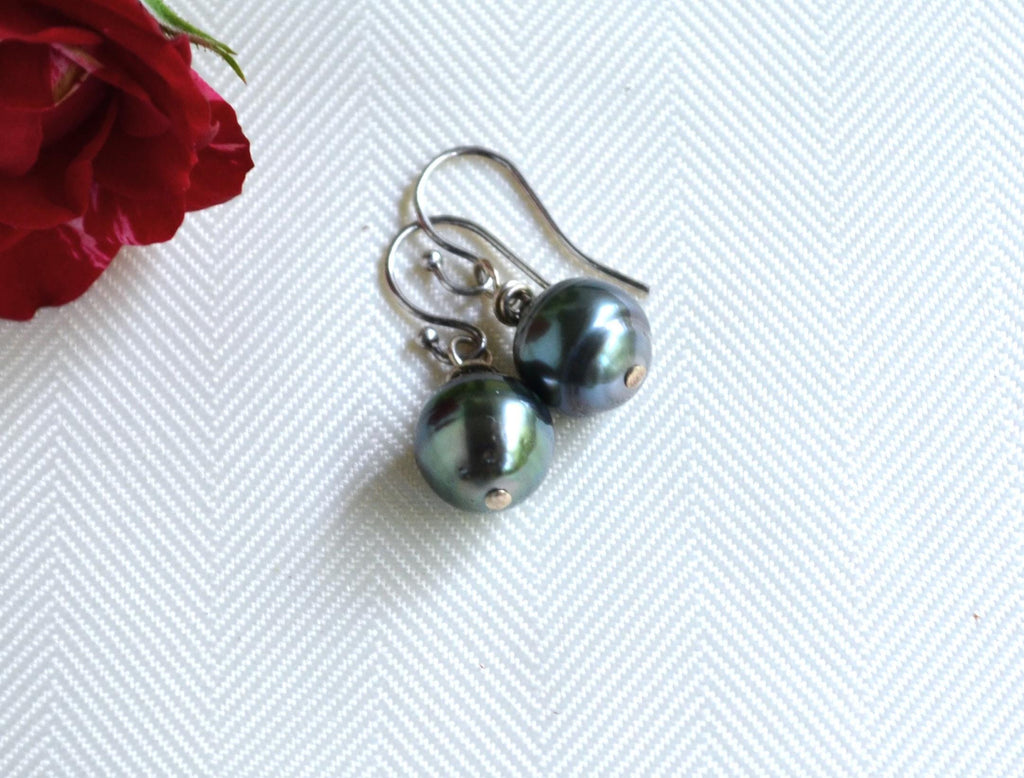 Tahitian Pearl Dangle Earrings: Sterling Silver, Handmade Jewelry