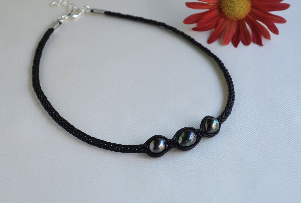 Tahitian Pearl Necklace: Three Stone Braided Black Leather Jewelry