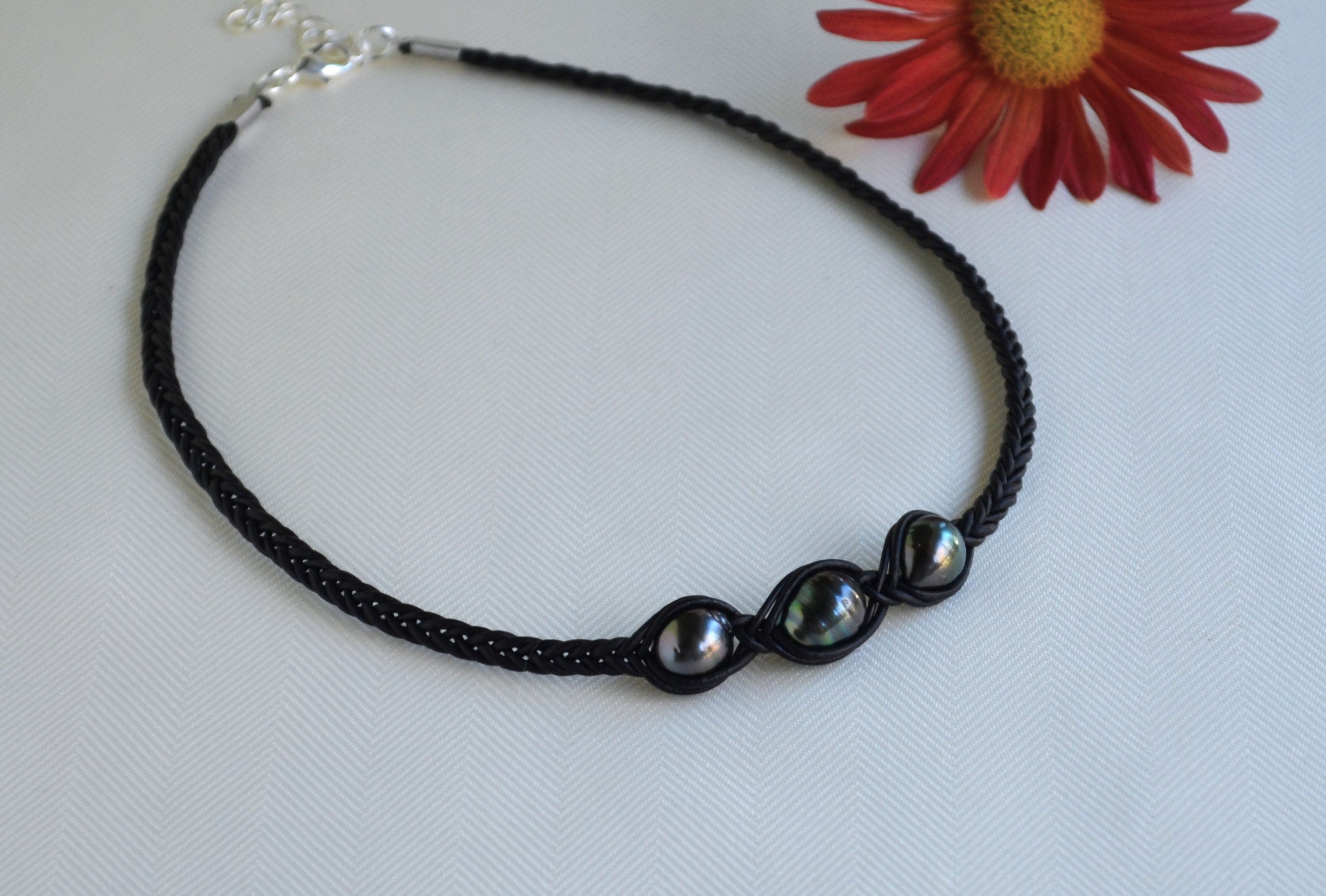 Tahitian Pearl Necklace: Three Stone Braided Black Leather Jewelry