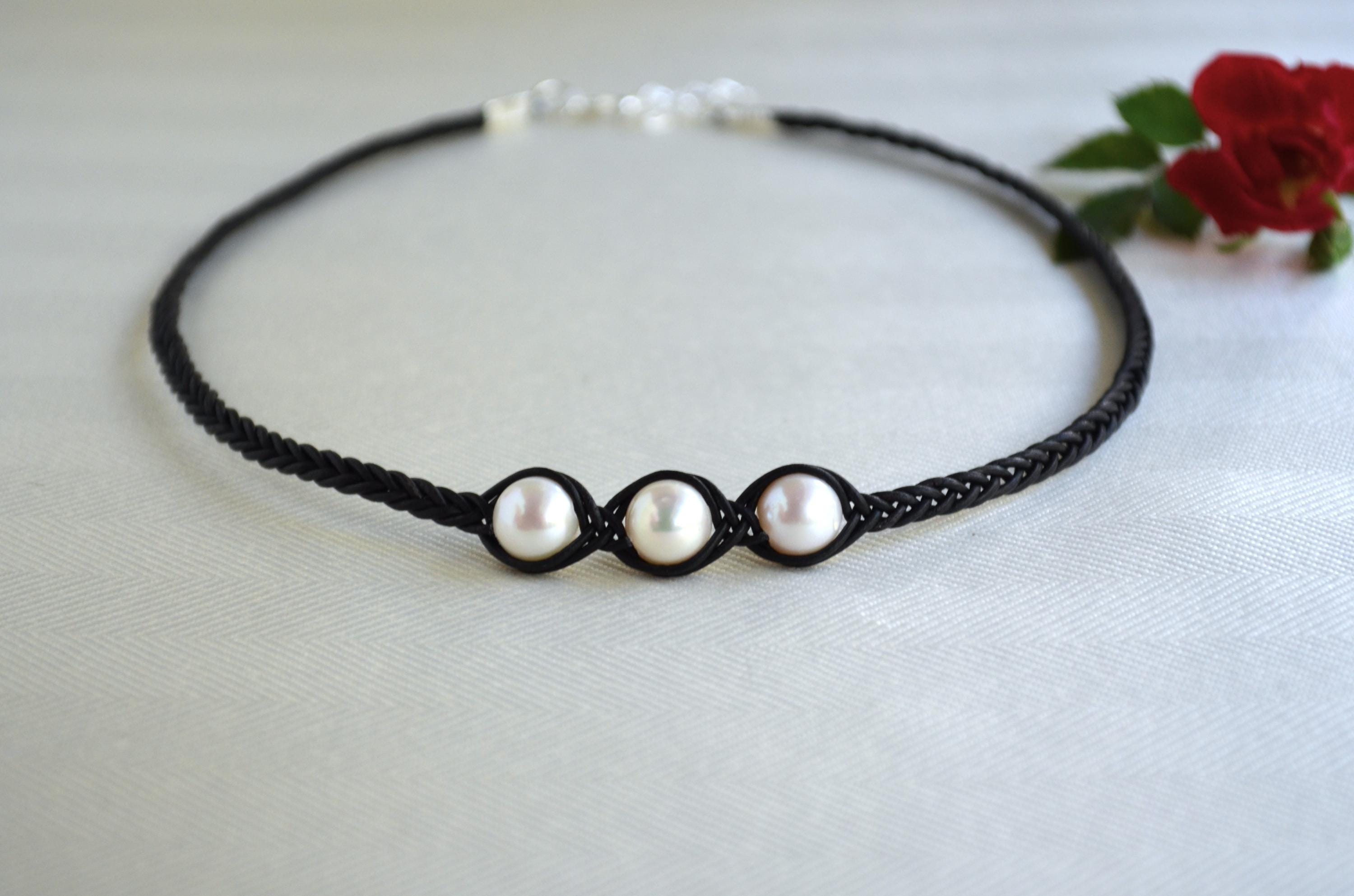 Three Freshwater Pearls Braided Leather Necklace: Elegant Boho Jewelry