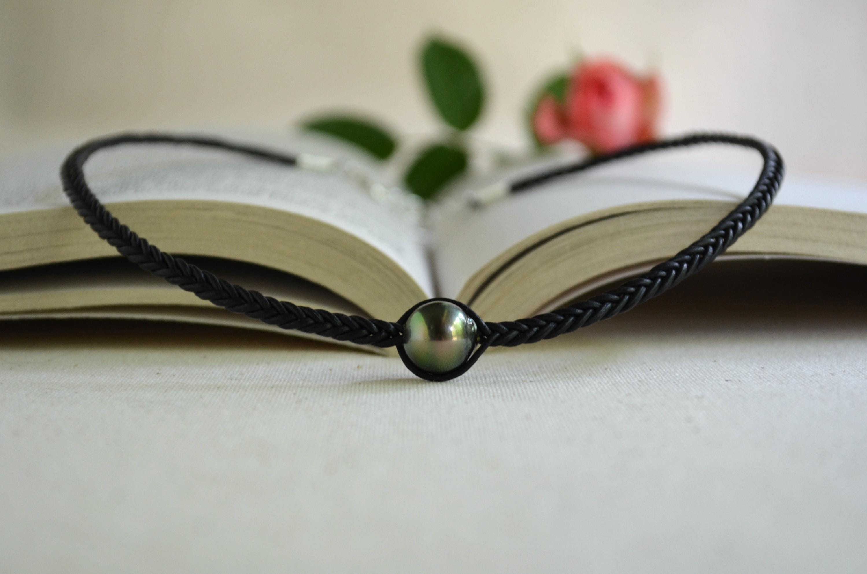 Tahitian Pearl Necklace, Braided Leather Cord, Minimalist Luxury Jewelry