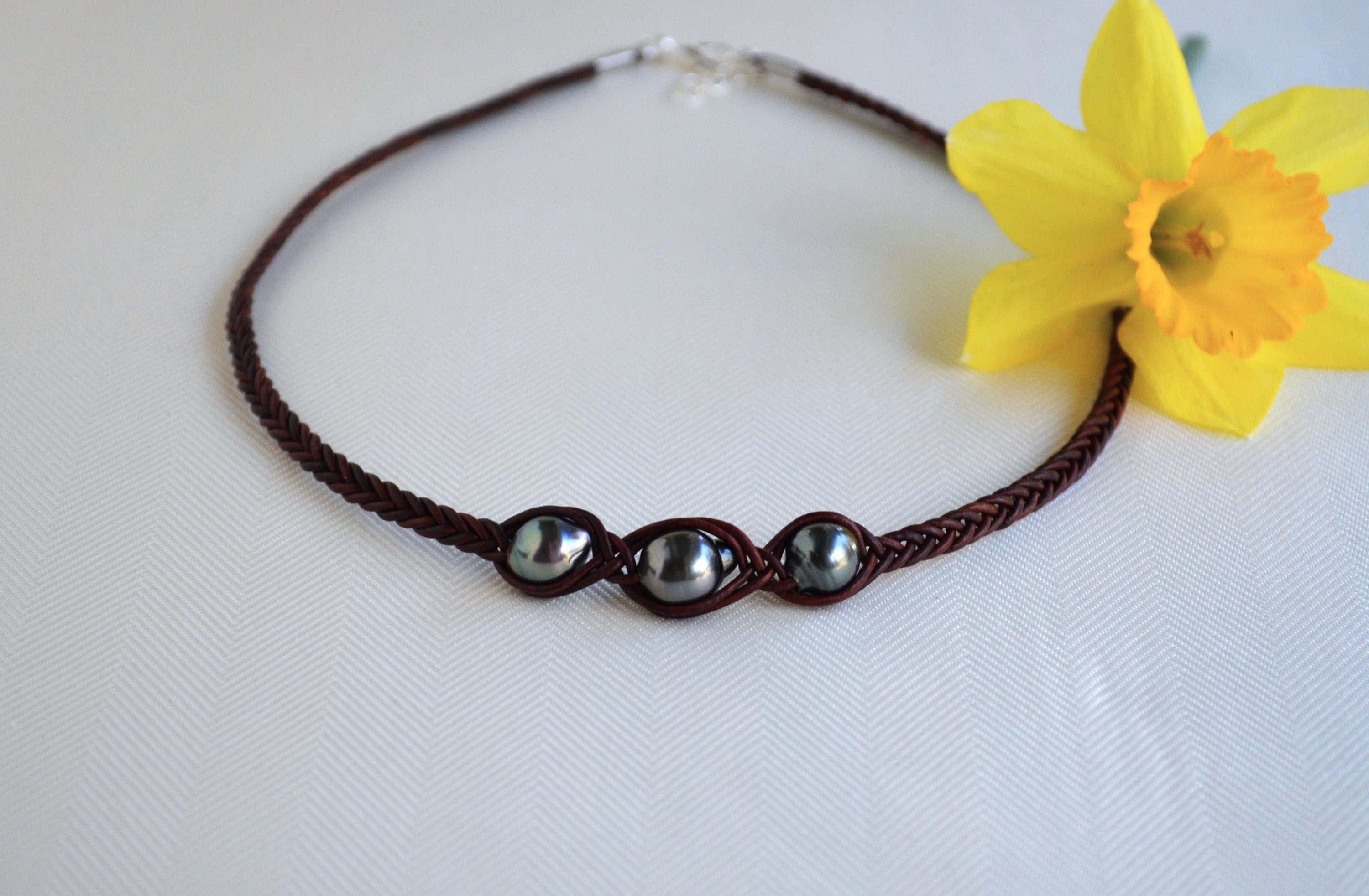 Three Tahitian Pearl Necklace: Braided Leather, Elegant Jewelry