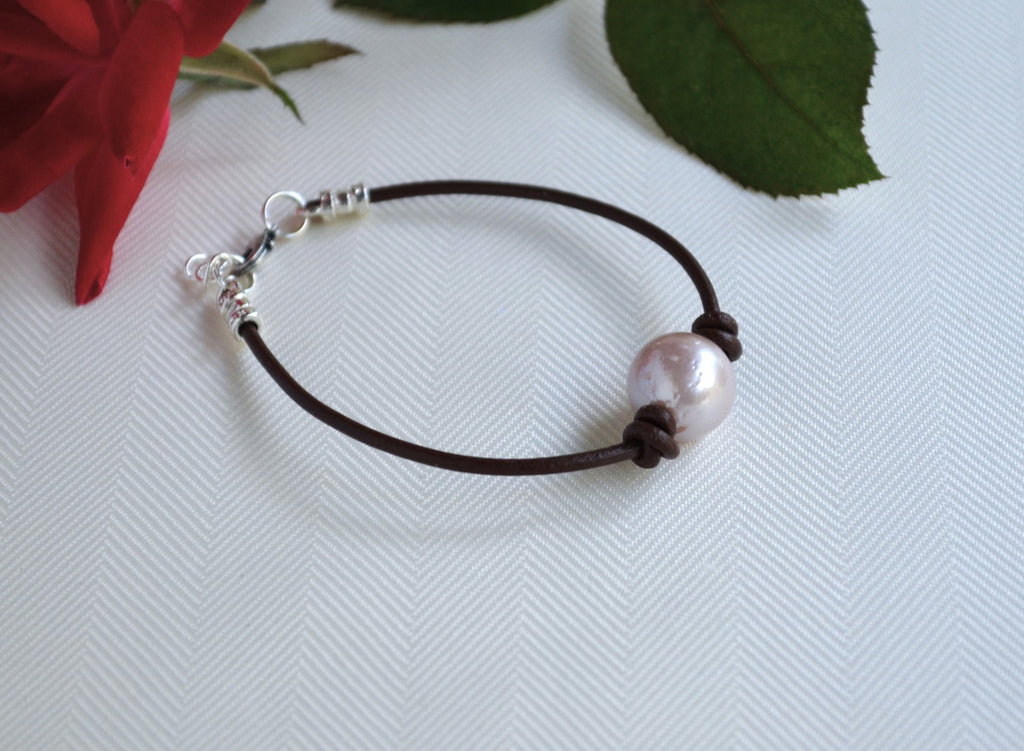 Mauve Edison Pearl Bracelet, Greek Leather, Silver Plated Clasp