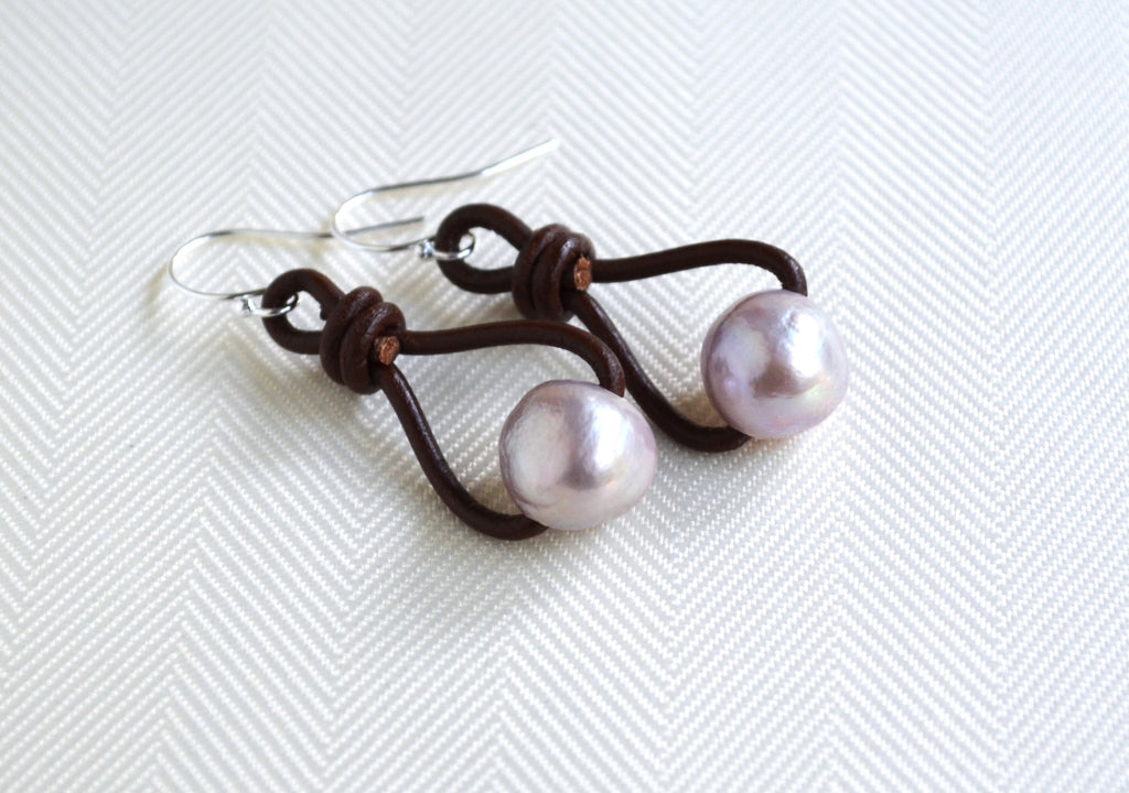 Edison Pink Pearl Earrings: Sterling Silver & Brown or Black Greek Leather Boho Dangle