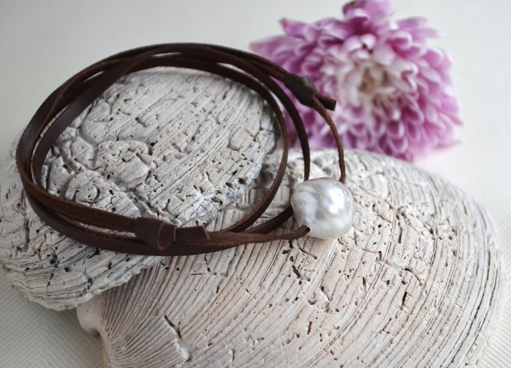 Rare White Tahitian Pearl Choker: Brown Leather Surf Jewelry UNISEX