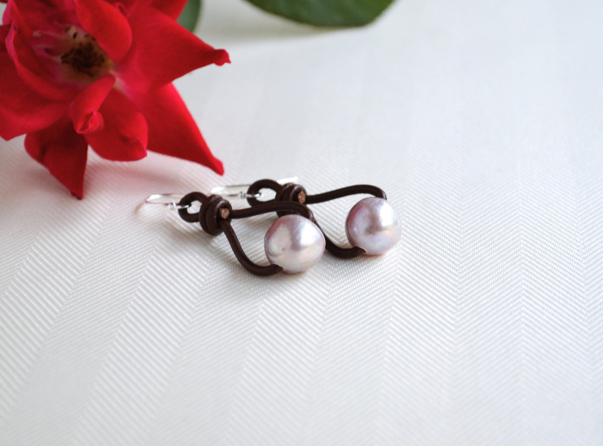 Edison Pink Pearl Earrings: Sterling Silver & Brown or Black Greek Leather Boho Dangle