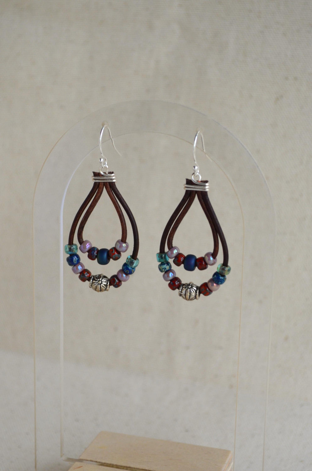 Multi-Color Picasso Bead Leather Dangle Earrings, Sterling Silver