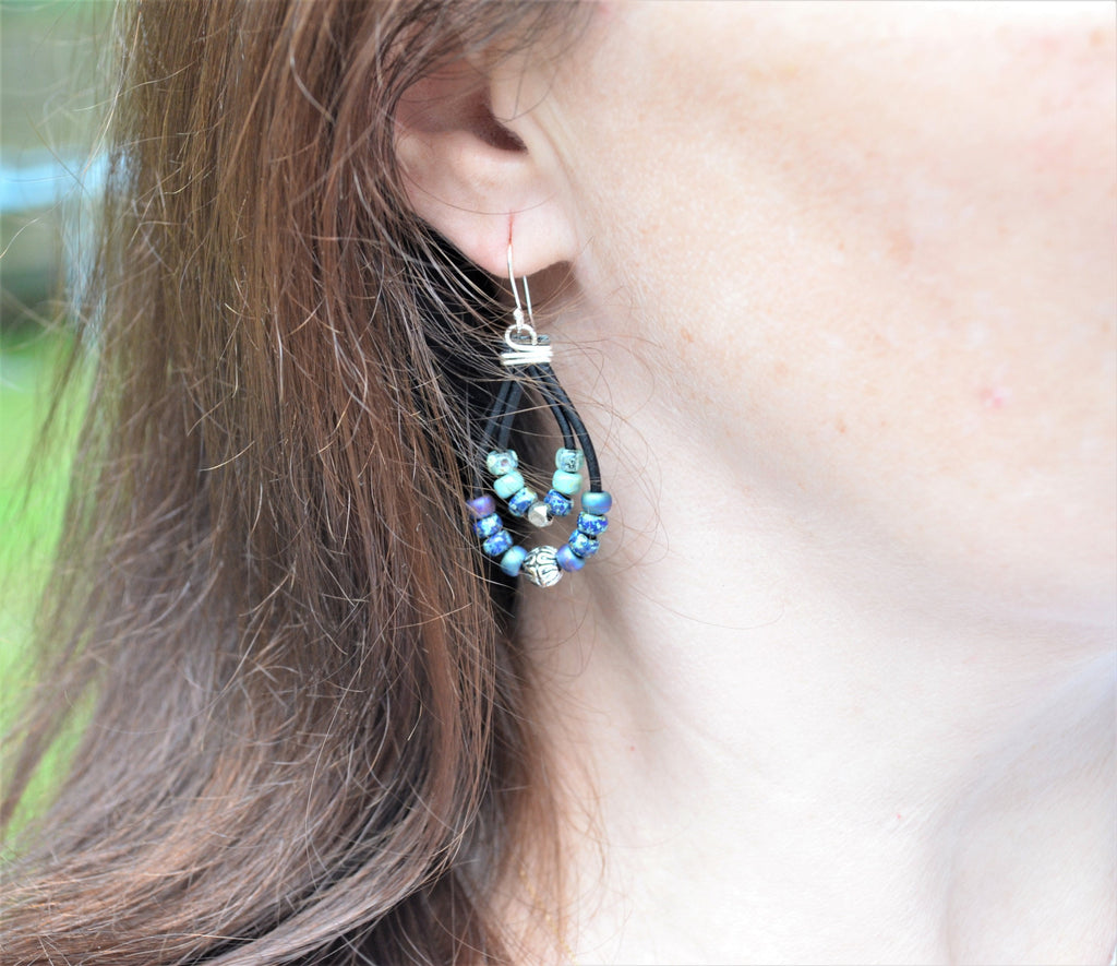 Blue Green Picasso Czech Bead Earrings, Sterling Silver, Leather Cord