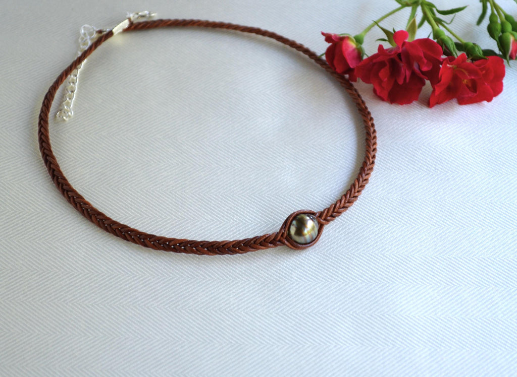 Chocolate Tahitian Pearl Choker: Braided Leather Necklace