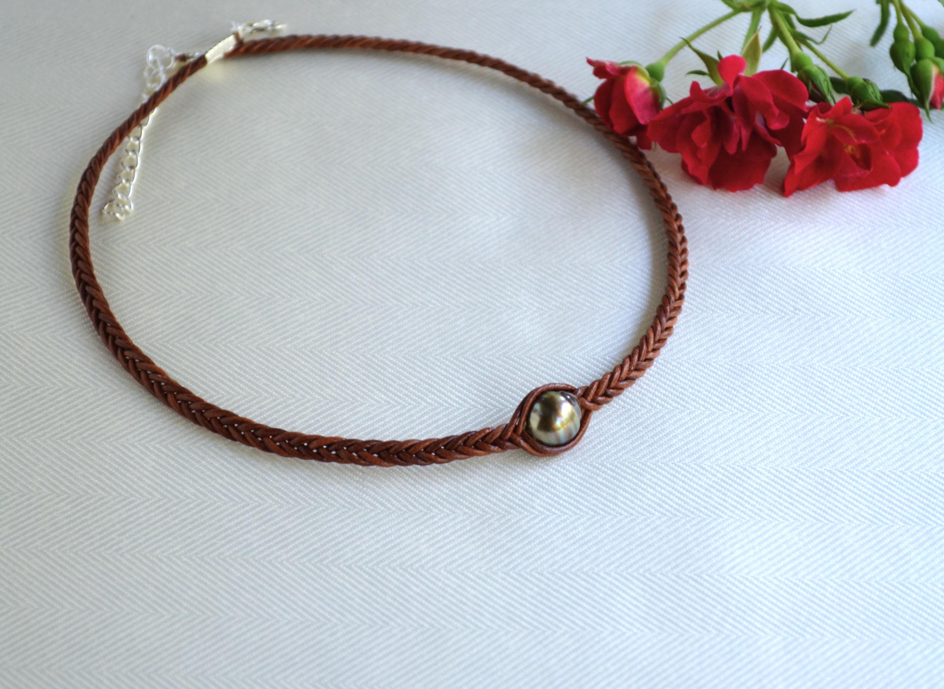 Chocolate Tahitian Pearl Choker: Braided Leather Necklace