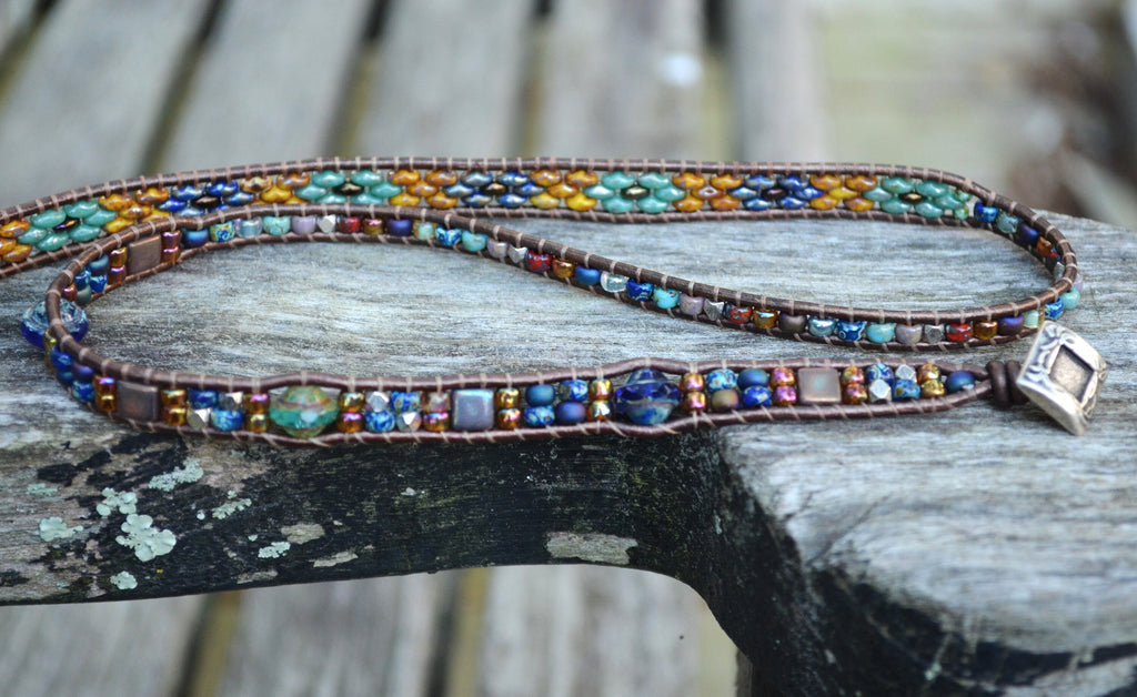 Boho Leather Wrap Bracelet, Tile & Czech Glass Beaded