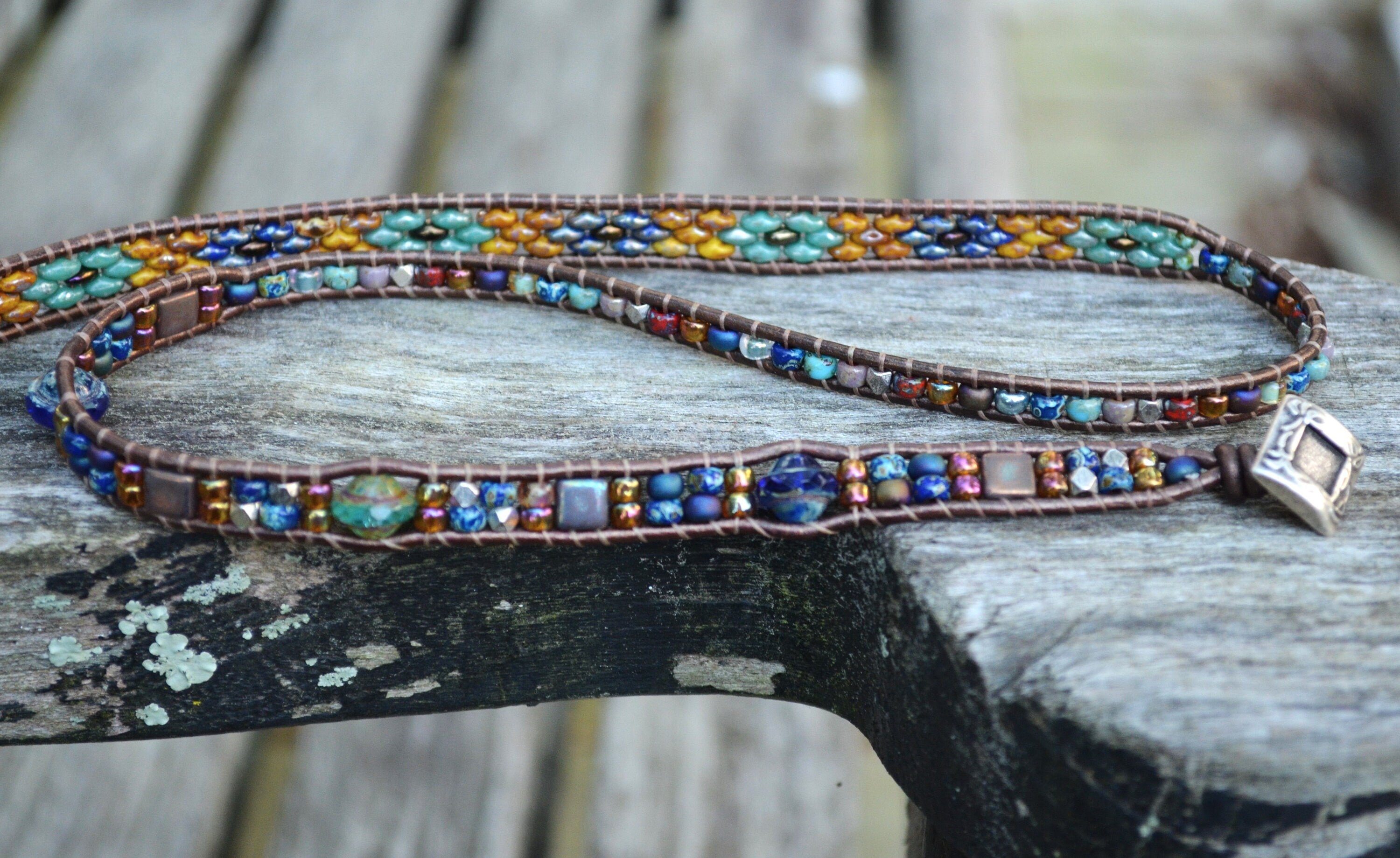 Boho Leather Wrap Bracelet, Tile & Czech Glass Beaded