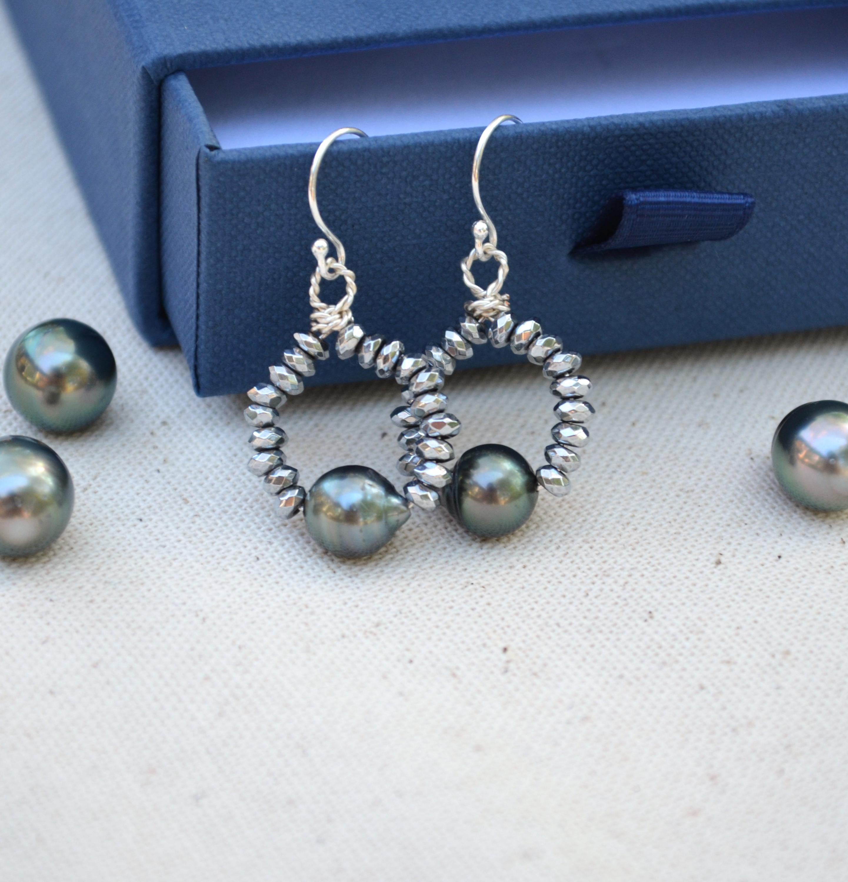 Tahitian Pearl and Hematite Earrings on Sterling Silver French Ear Wires Gift for Her
