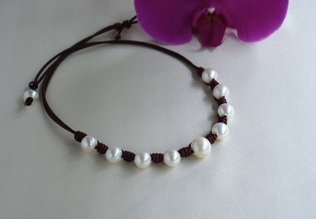 Knotted Pearl Leather Necklace: Boho Freshwater Pearl Jewelry Gift for Her