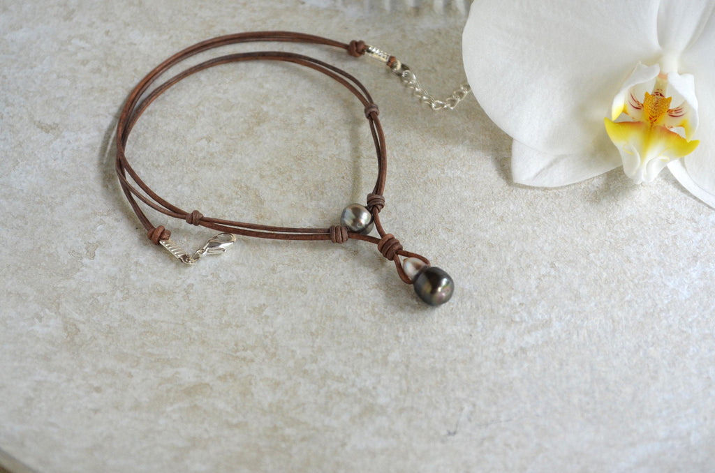 Tahitian Pearl Leather Necklace, Large Drop Pearl, Silver Black, Handmade Jewelry