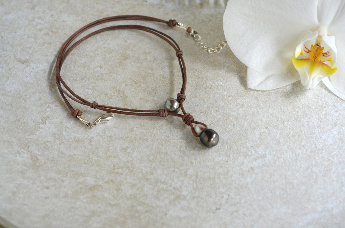 Tahitian Pearl Leather Necklace, Large Drop Pearl, Silver Black, Handmade Jewelry