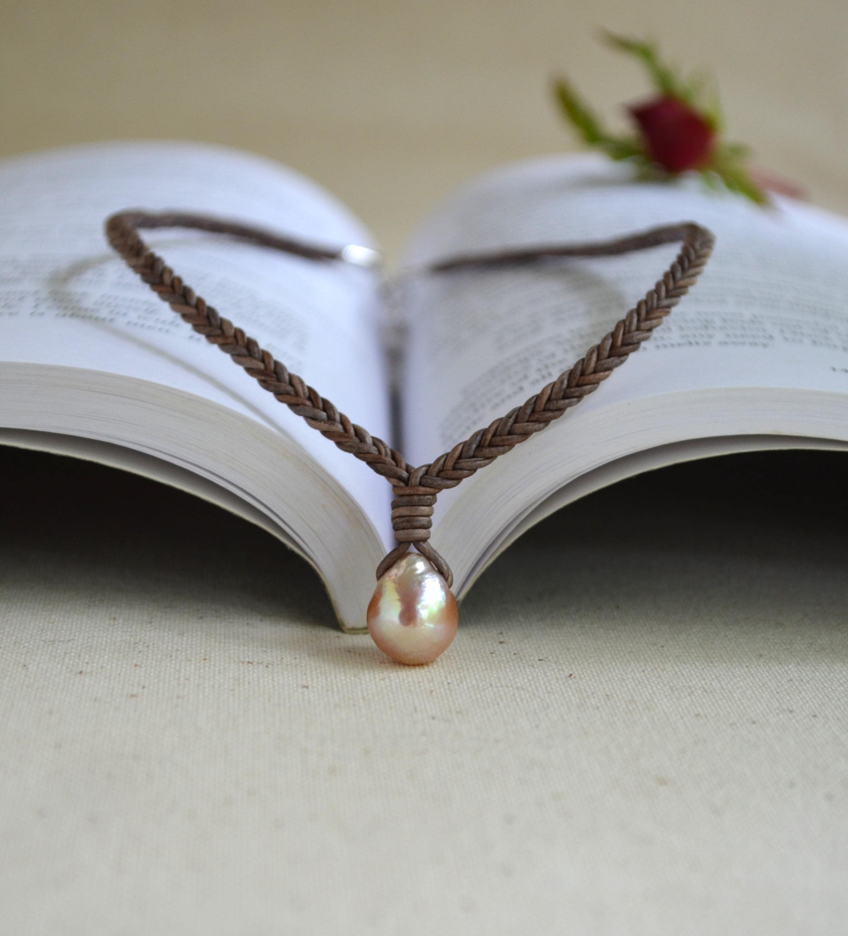 Edison Pearl Leather Necklace, Hand Braided 5-Cord Necklace, Pink Pearl Pendant 12x15 mm, Minimalist Luxury, 16” long + 2" Extender
