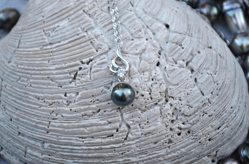 Tahitian Pearl Necklace: Sterling Silver Pendant, Cubic Zirconia Accent