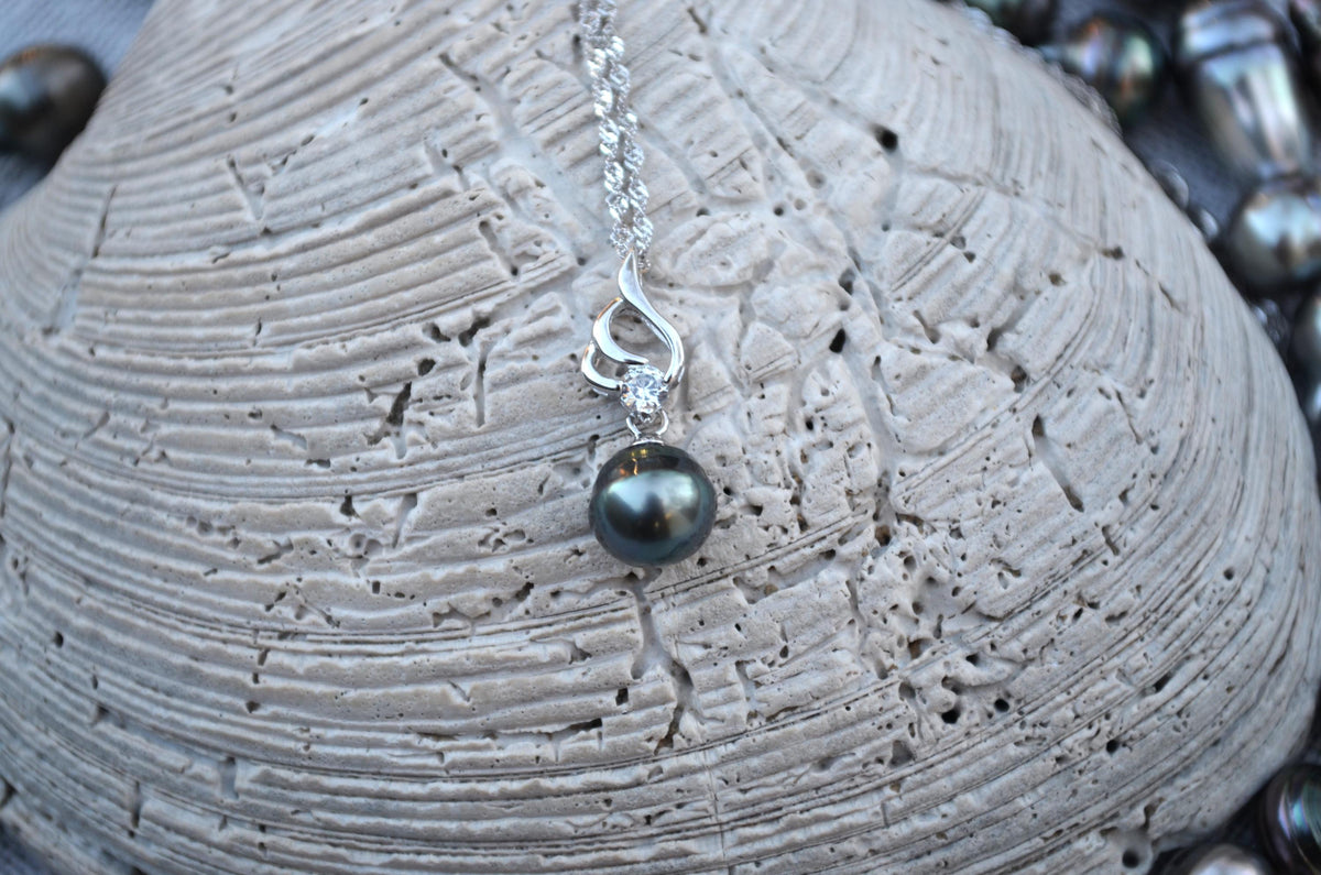 Tahitian Pearl Necklace: Sterling Silver Pendant, Cubic Zirconia Accent