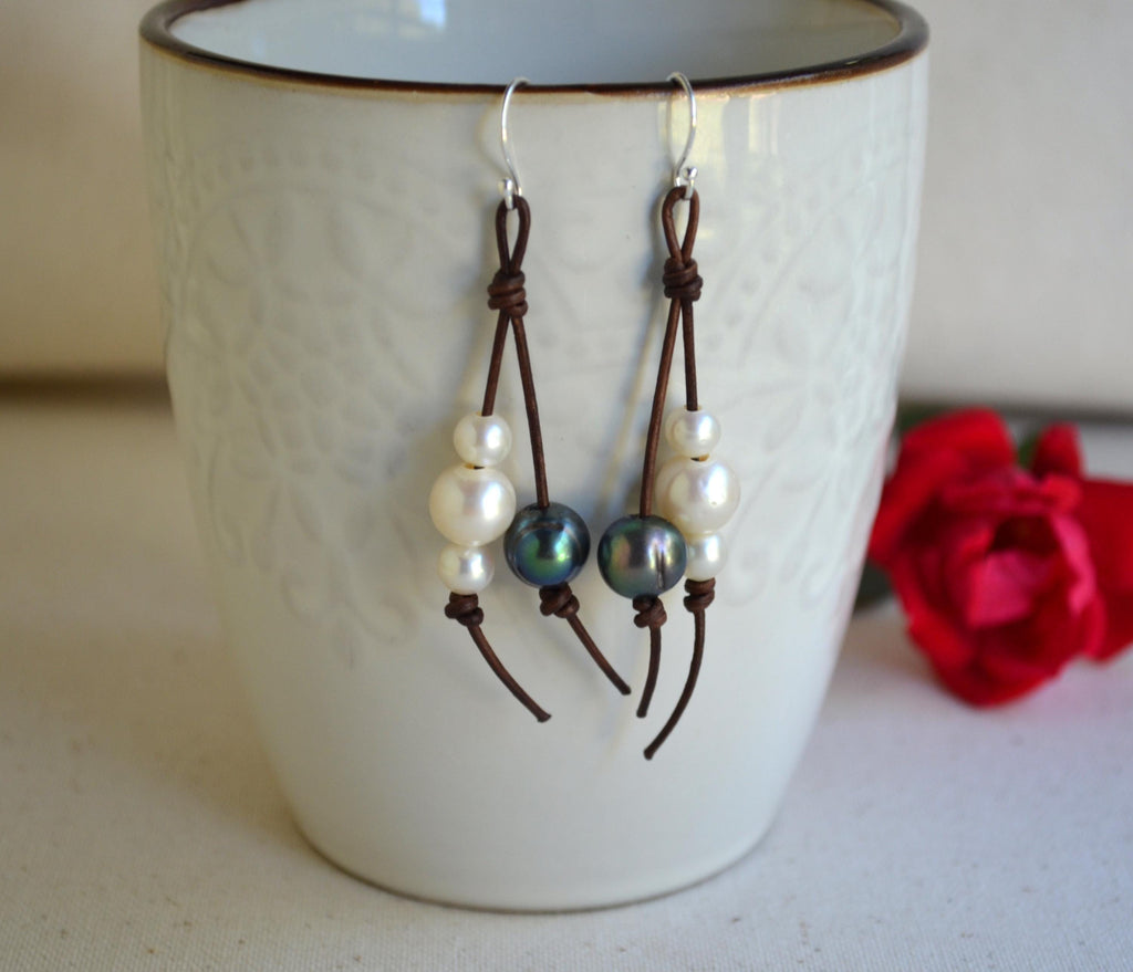 Handmade Freshwater Pearls on Leather Earrings, Sterling Silver French Wires