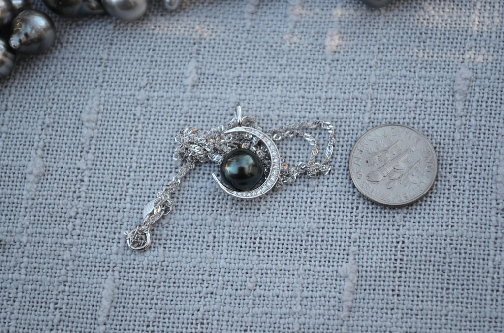 Tahitian Pearl Necklace: Sterling Silver Crescent Moon Pendant, CZ Accents