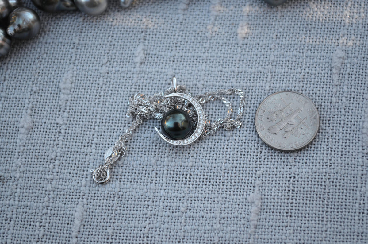 Tahitian Pearl Necklace: Sterling Silver Crescent Moon Pendant, CZ Accents