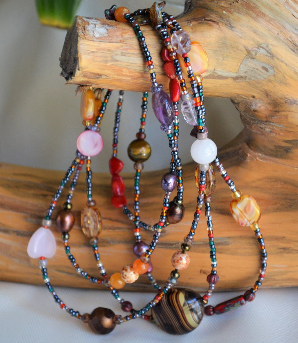 Multi-Color Gemstone and Czech Glass Lariat Necklace