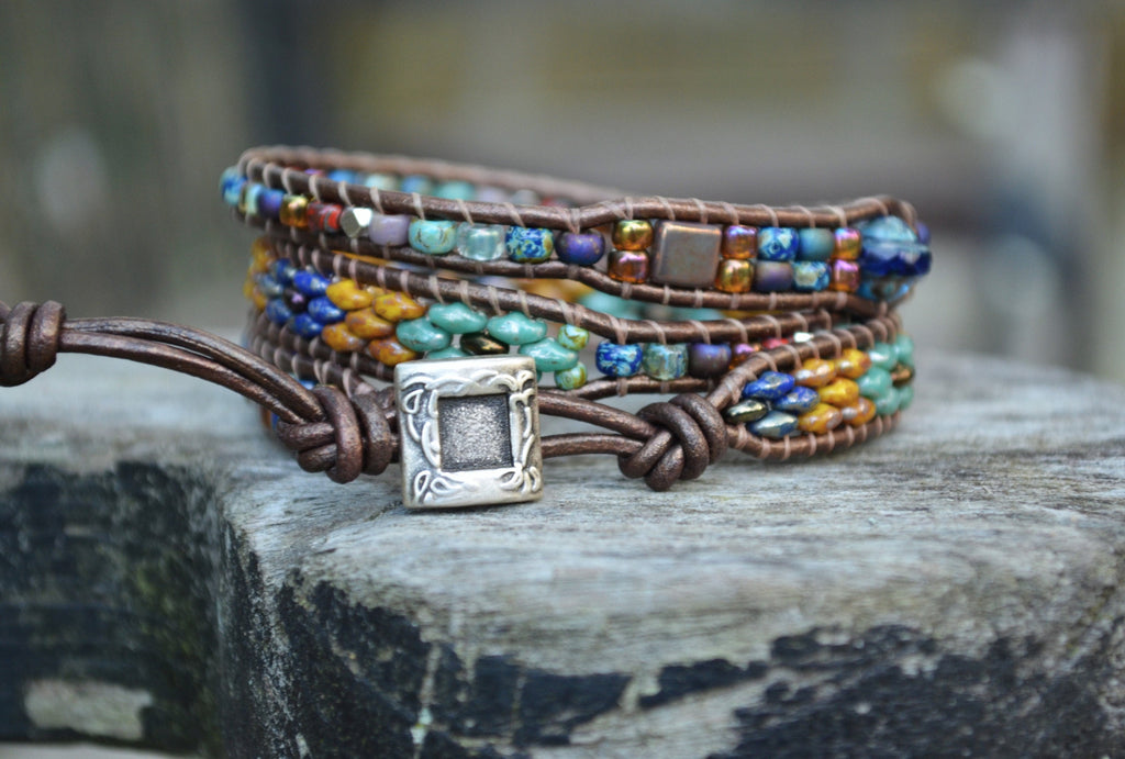 Boho Leather Wrap Bracelet, Tile & Czech Glass Beaded