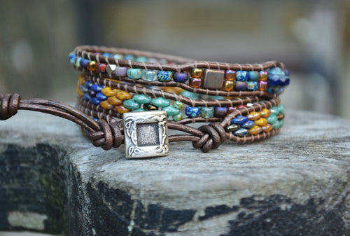Boho Leather Wrap Bracelet, Tile & Czech Glass Beaded