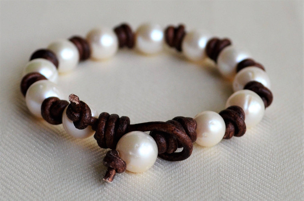 Knotted Leather Bracelet: White Freshwater Pearls, Elegant Jewelry