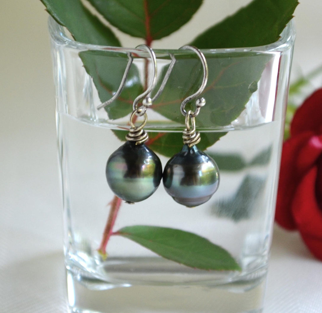 Tahitian Pearl Dangle Earrings: Sterling Silver, Handmade Jewelry