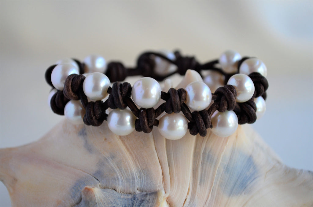Knotted Pearl Leather Bracelet: Boho Freshwater Pearl Cuff