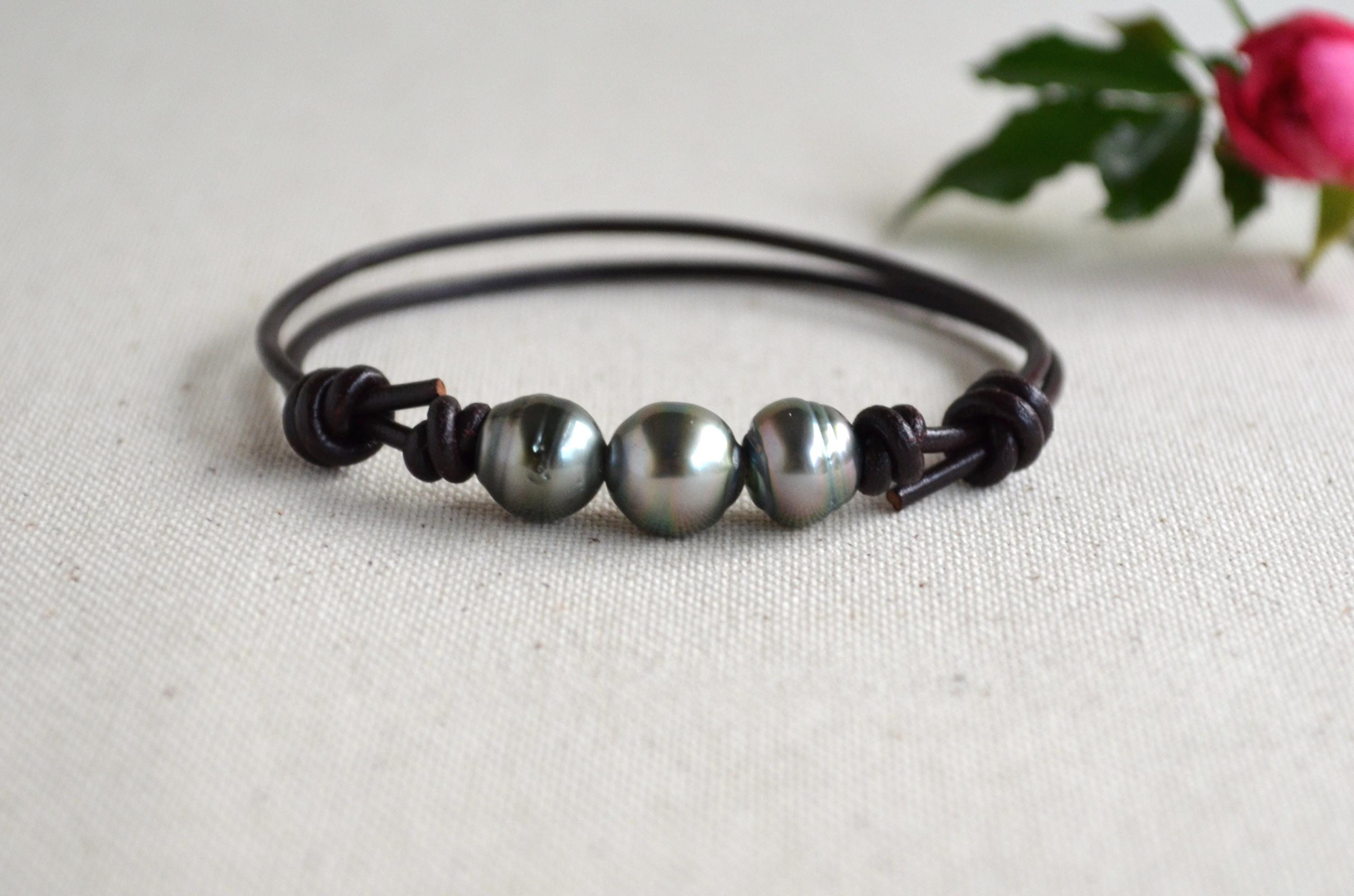 Three Tahitian Pearls Bracelet: Adjustable Dark Brown Greek Leather, Elegant Jewelry, Unisex