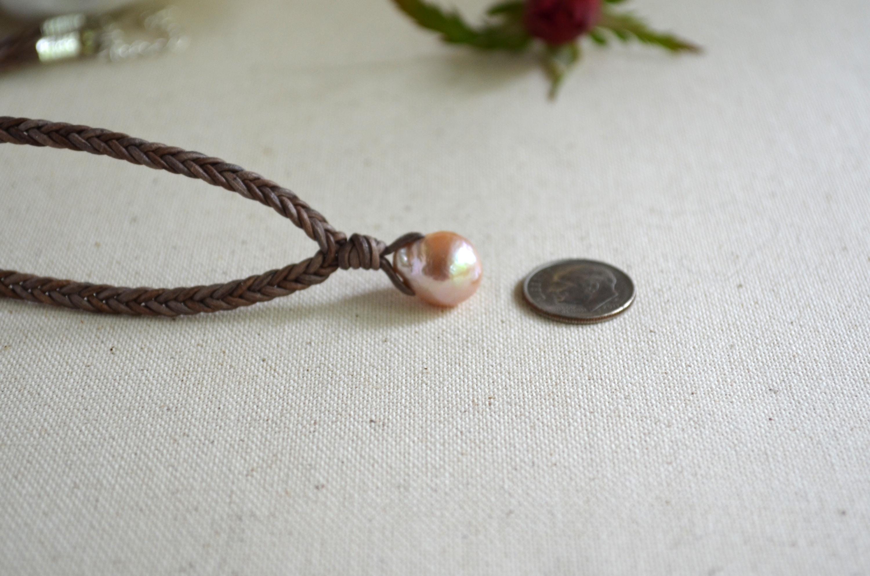 Edison Pearl Leather Necklace, Hand Braided 5-Cord Necklace, Pink Pearl Pendant 12x15 mm, Minimalist Luxury, 16” long + 2" Extender