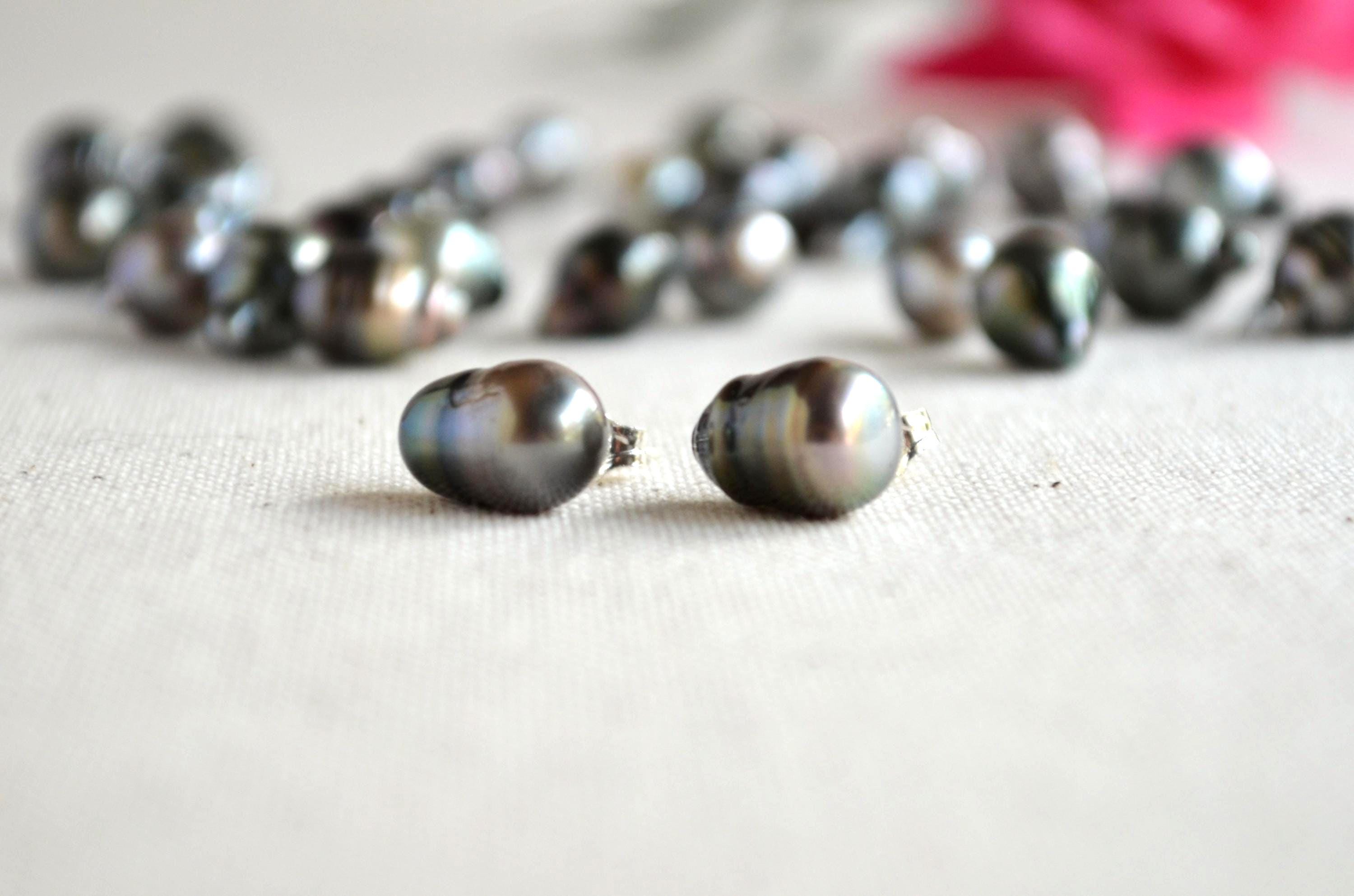 Tahitian Pearl Stud Earrings: Baroque Sterling Silver Jewelry