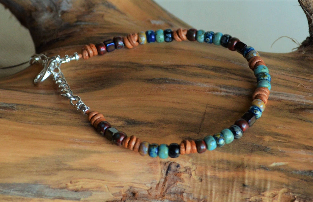 Picasso Czech Bead Leather Bracelet: Knotted Boho Jewelry