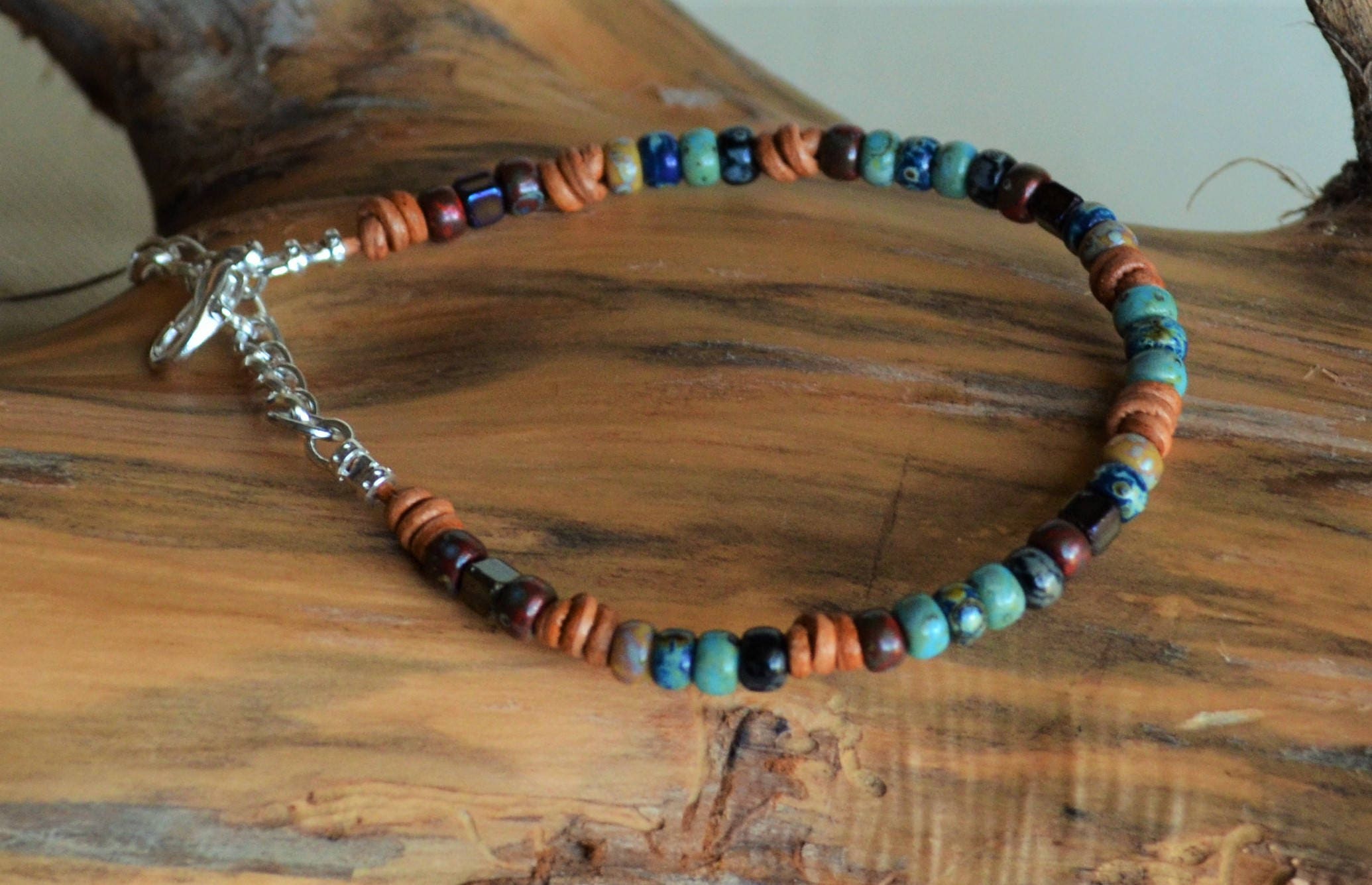 Picasso Czech Bead Leather Bracelet: Knotted Boho Jewelry