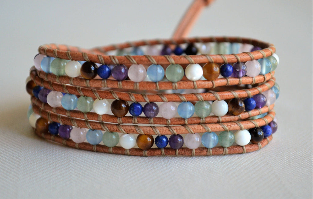 Multi-Gemstone Leather Wrap Bracelet: Boho Beaded Jewelry
