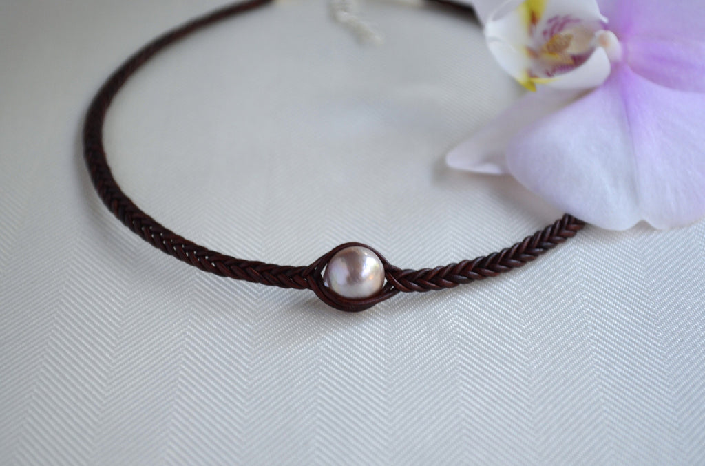 Edison Pearl Choker: Braided Leather Necklace, Light Mauve Pearl