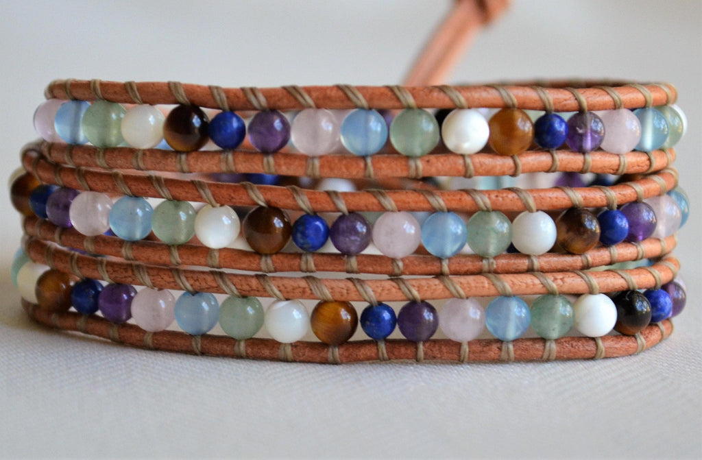 Multi-Gemstone Leather Wrap Bracelet: Boho Beaded Jewelry