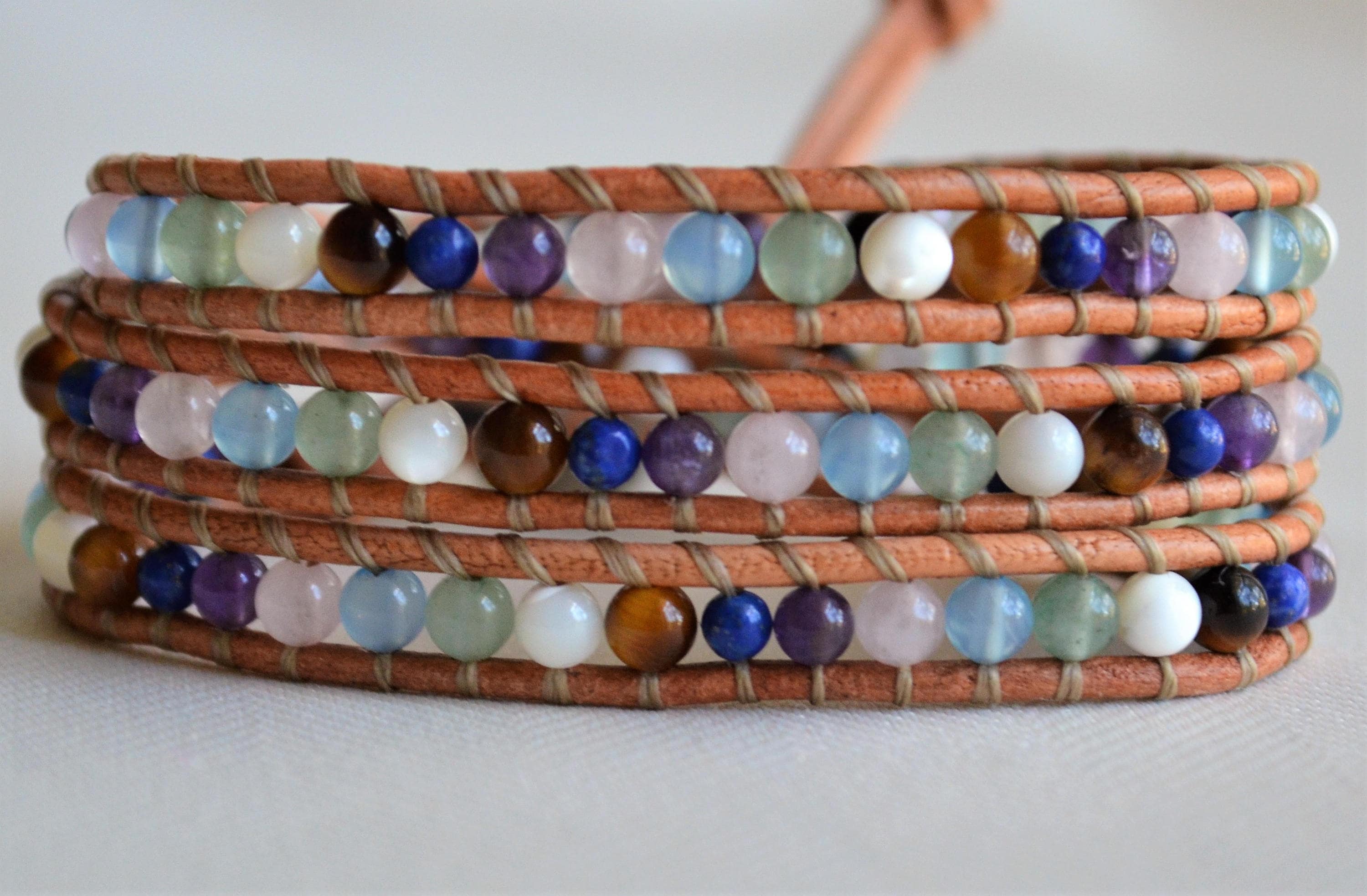 Multi-Gemstone Leather Wrap Bracelet: Boho Beaded Jewelry