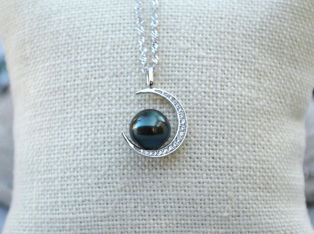 Tahitian Pearl Necklace: Sterling Silver Crescent Moon Pendant, CZ Accents