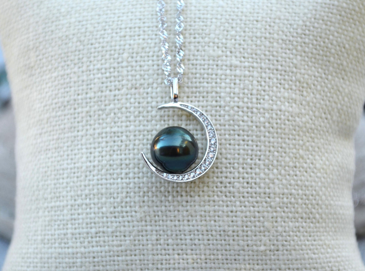 Tahitian Pearl Necklace: Sterling Silver Crescent Moon Pendant, CZ Accents