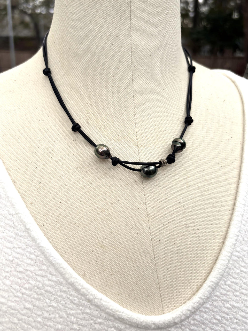 Tahitian Black Pearls on Leather Short Necklace, Sterling Silver Accent