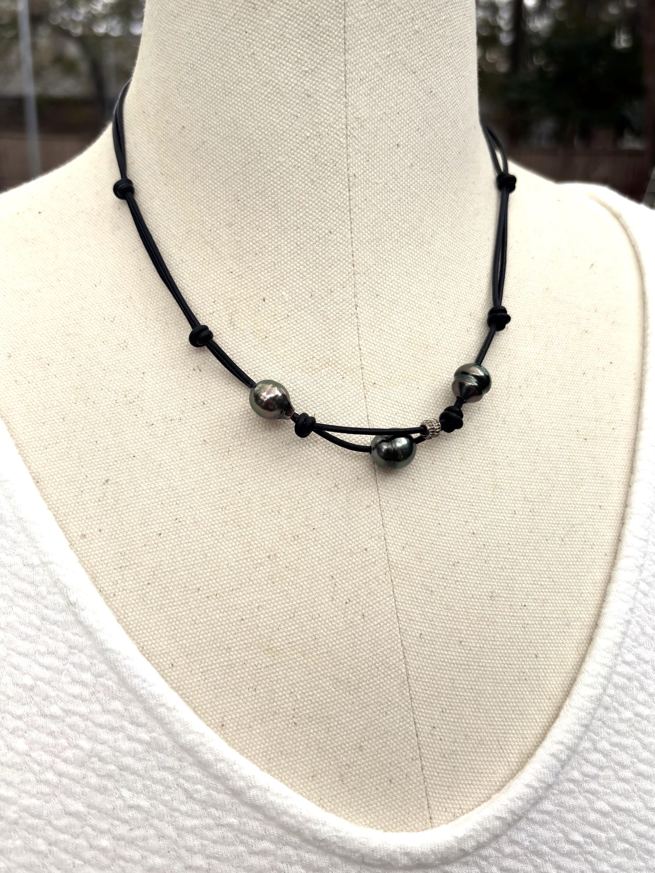Tahitian Black Pearls on Leather Short Necklace, Sterling Silver Accent