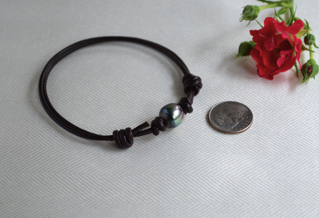 Tahitian Pearl Bracelet: Brown Greek Leather, Adjustable Unisex Jewelry