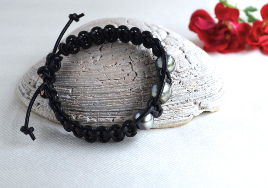 Three Tahitian Pearl Braided Greek Leather Bracelet